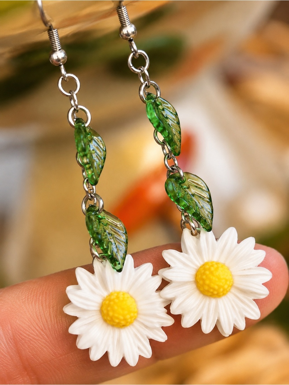 Handmade Daisy Drop Earrings with Green Leaf Accents